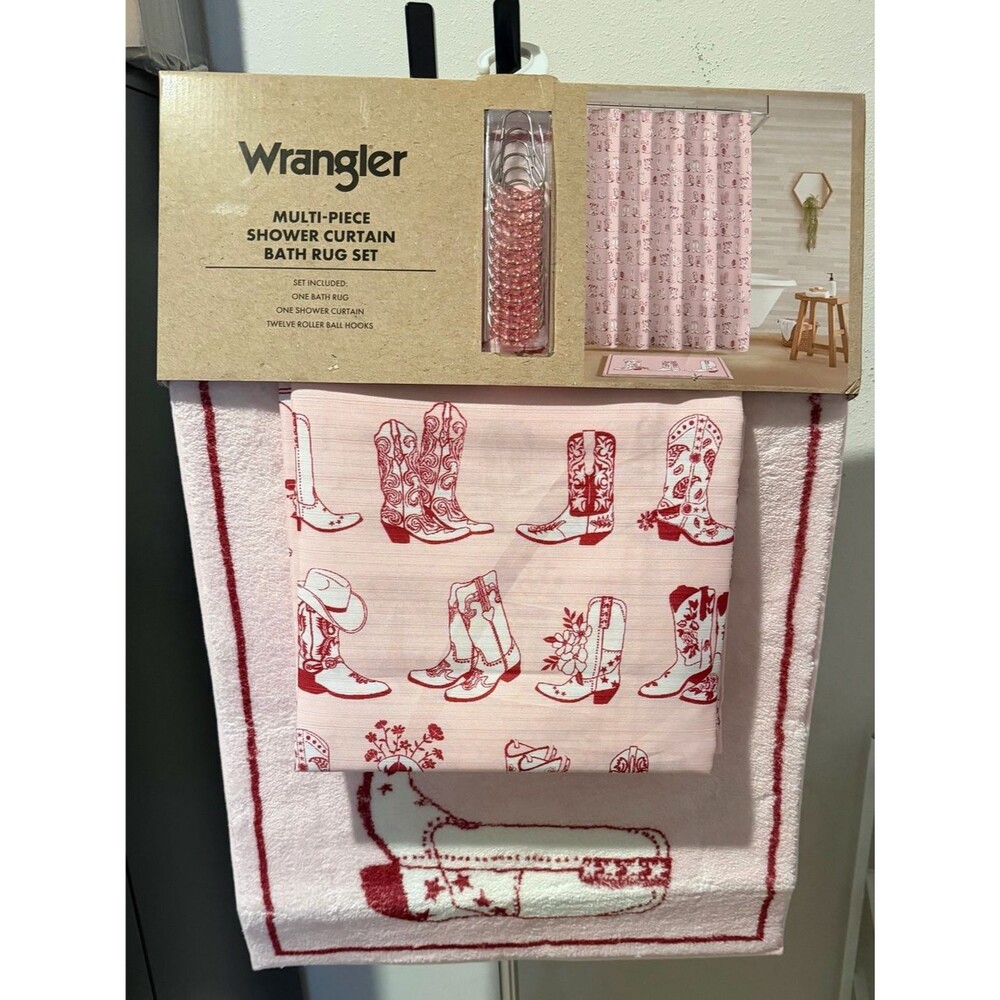 Wrangler Pink and Red Cowboy Boot Shower Curtain & Bath Rug Set